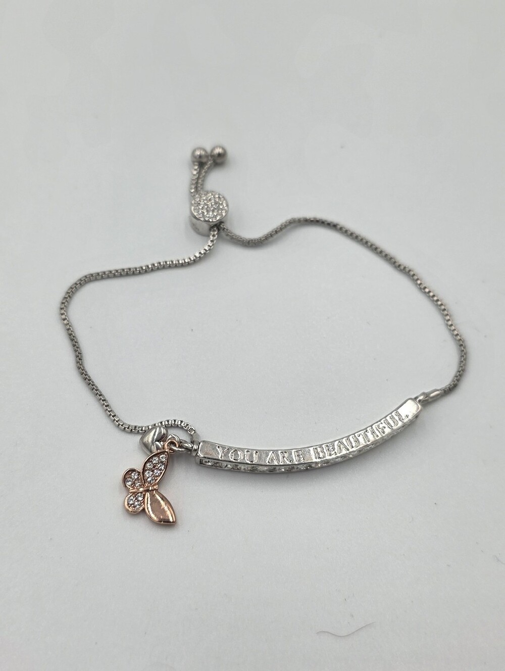You Are Beautiful Silver Bracelet Rose Gold Swaraovski Crystal Butterfly Charm